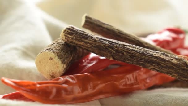 Dried Sticks Liquorice Root Chili Pepper — Stock Video