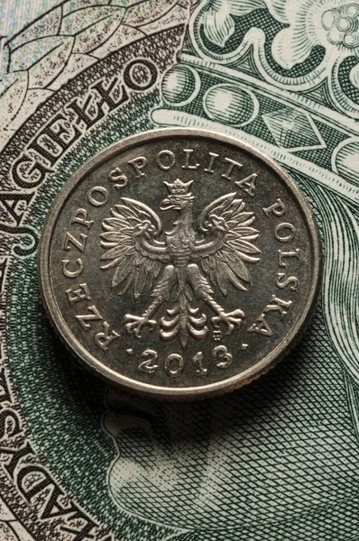 Closeup Polish Banknotes Coins — Stock Photo, Image