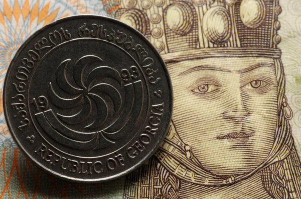 Крупный План Грузинским Банкнотам Монетам — стоковое фото