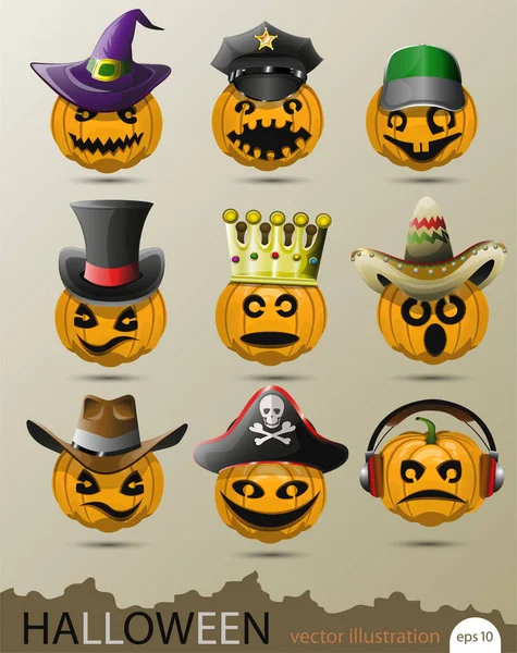 Conjunto vetorial de abóboras com diferentes chapéus e bonés em homenagem ao Halloween — Vetor de Stock