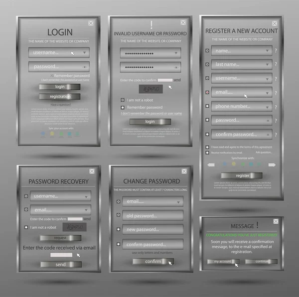 Conjunto para el diseño web, formulario de inicio de sesión, formulario de registro, formulario de cambio de contraseña, recuperación de contraseña, forma de comunicación - creación de sitios web en color gris — Archivo Imágenes Vectoriales