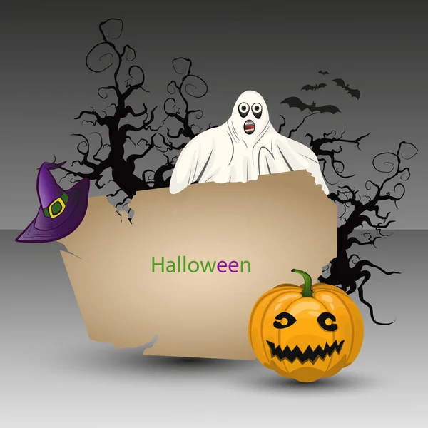 Banner para Halloween con calabaza, sombrero, fantasma y murciélagos — Vector de stock