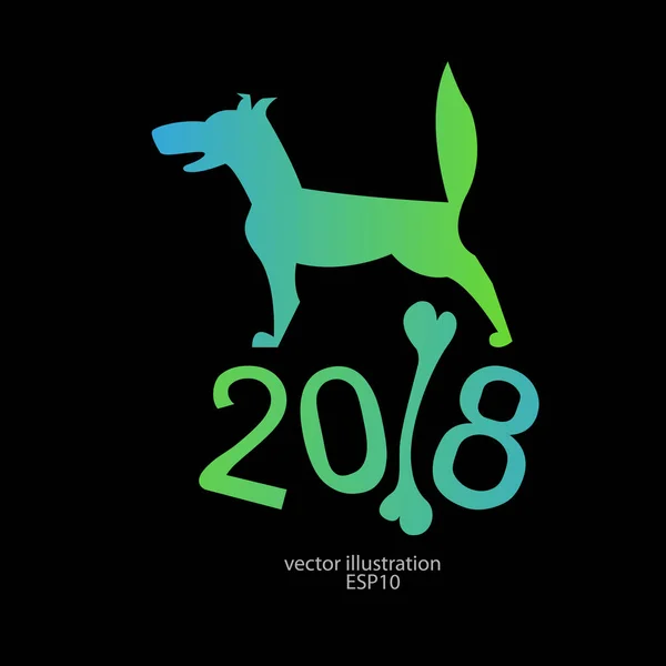 2018 el perro es azul - verde con un hueso para el nuevo año para un logotipo, emblema, fondo, bandera  ... — Vector de stock