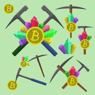 Ayıklama bitcoin amblem, jeolojik çekiçle simgesini seçin ve kristalleri küme çok renkli vektör