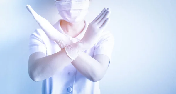 Woman Nurse Wearing Mask Raise Hands Cross Sign Prohibit People — Stock Photo, Image