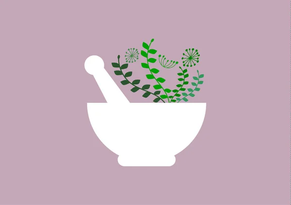 Green leaves in mortar with pestle — Stock Vector