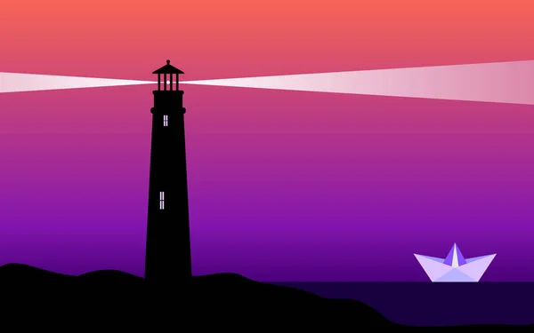 Leuchtturm und Papierboot im Sonnenuntergang — Stockvektor