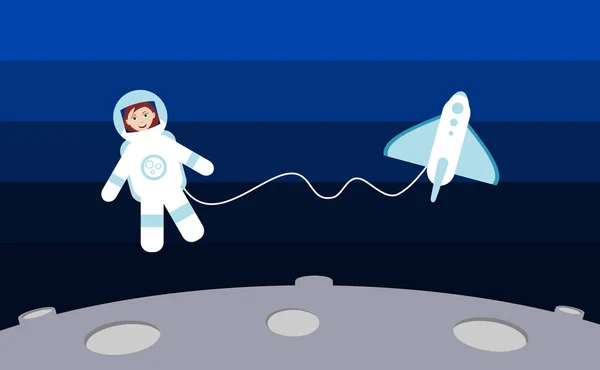 Жіночий космонавт плаває в космосі навколо космічного корабля — стоковий вектор