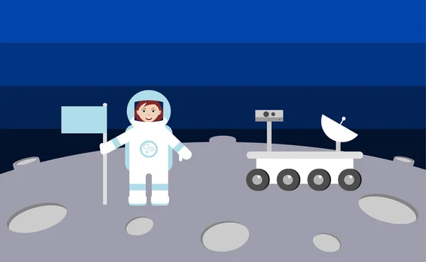 Astronauta fêmea na lua ou outro planeta ou asteróide —  Vetores de Stock