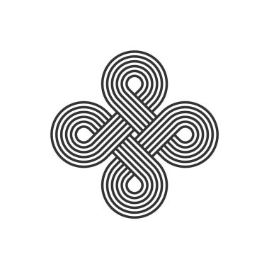 Sonsuz döngü. Sonsuz döngü işareti. Kelt iç içe geçmiş düğüm. Eski bir süs eşyası. Sonsuzluk çizgisi. Birbirine bağlı dairesel şekiller. Soyut sürekli hareket simgesi. Bowen çapraz simgesi. Vektör illüstrasyonu.