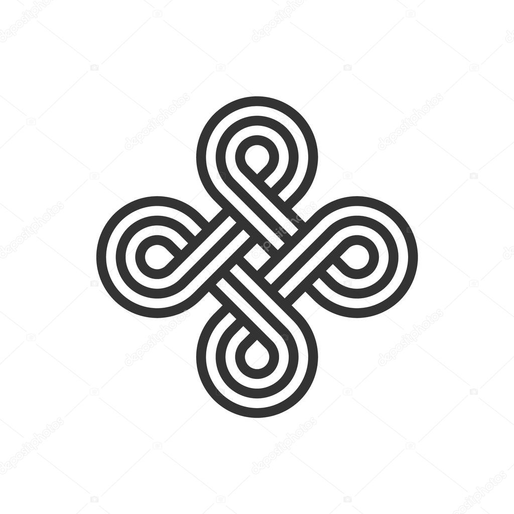 Infinite loop sign. Celtic interlocking knot. Endless loop. Old ornament strip. Eternity line. Interconnected circular shapes. Abstract perpetual motion icon.Bowen cross symbol.Vector illustration.