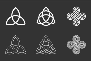Celtic knots set on black background. Triquetra, trinity knot with circle, endless loop. Ancient ornaments symbolizing eternity. Trefoil interconnected lines. Infinite knots. Vector illustration. clipart