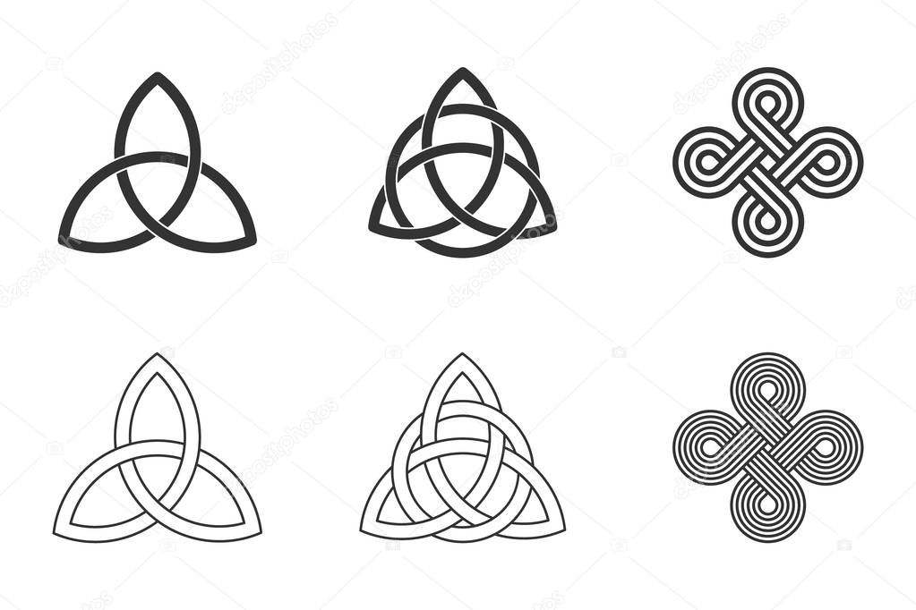 Celtic knots set on white background. Triquetra, trinity knot with circle, endless loop. Ancient ornaments symbolizing eternity. Trefoil interconnected lines. Infinite knots. Vector illustration.