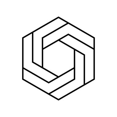 İmkânsız altıgen işareti. Optik yanılsama. Doğrusal altı kenarlı çokgen. Beyaz arka planda imkansız geometrinin soyut sembolü. Gerçek dışı geometrik şekil. Altıgen logo tasarımı. Vektör illüstrasyonu.