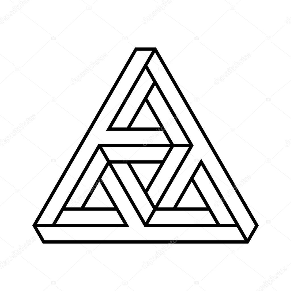 Impossible triangle shape. Optical illusion paradox. Outline of endless geometric triangular object. Abstract infinite geometric figure. Complex linear triangle, white background. Vector illustration.