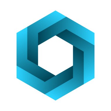İmkânsız altıgen işareti. Optik yanılsama. Mavi gradyan altı kenarlı çokgen. Soyut sembol, beyaz arka planda imkansız geometri. Gerçek dışı geometrik şekil. Altıgen logo tasarımı. Vektör illüstrasyonu