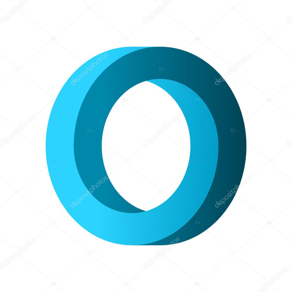 Impossible circle shape. Blue gradient infinite circular shape. Optical illusion. Interlocking circles on white background. Letter O or a ring. Abstract endless geometric loop. Vector illustration.