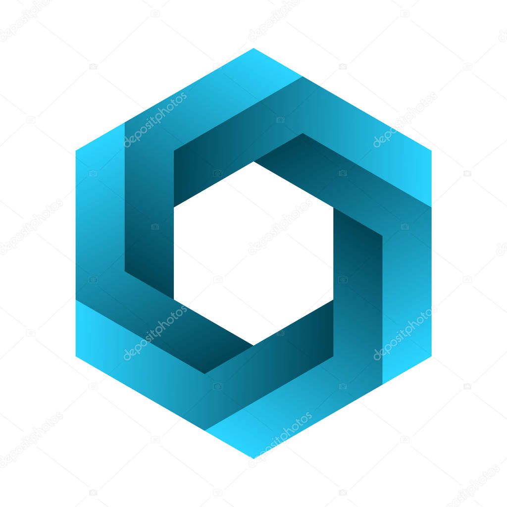 Impossible hexagon sign. Optical illusion. Blue gradient six sided polygon. Abstract symbol, impossible geometry on white background. Unreal geometric shape. Hexagonal logo design. Vector illustration