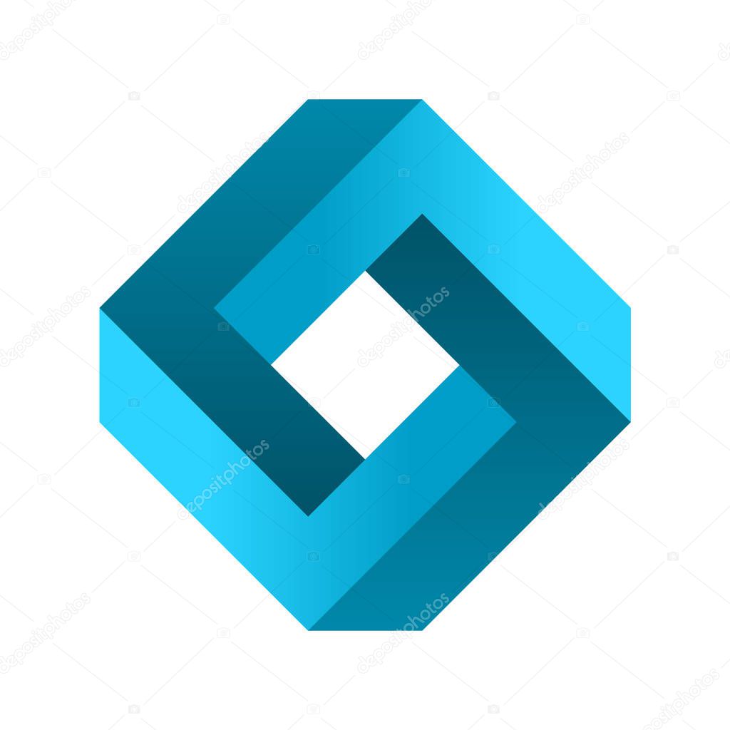 Impossible rectangle shape. Blue gradient infinite rhombus figure. Optical illusion. Abstract eternal geometric object. Impossible endless sign. Impossible geometry symbol on white background. Vector