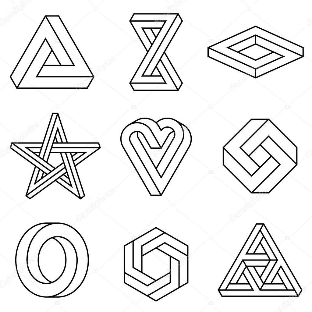  Impossible signs set outline. Linear infinite shapes. Impossible geometric figures. Optical illusion. Triangle, Infinity loop, rectangle, hexagon, heart, circle, rhombus, star. Vector illustration.