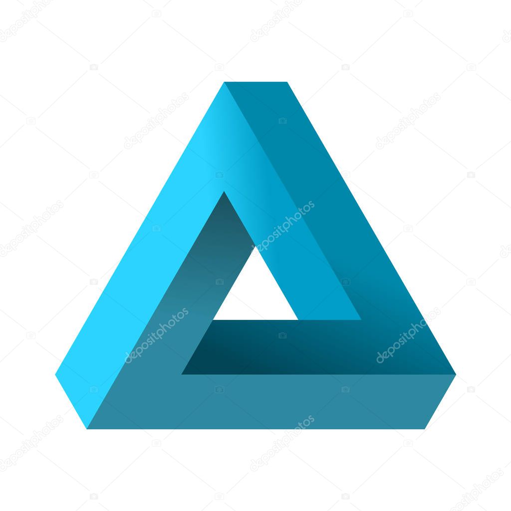 Impossible triangle. Penrose optical illusion. Blue gradient endless triangular shape. Abstract infinite geometric object. Impossible eternal figure. Isolated on white background. Vector illustration.