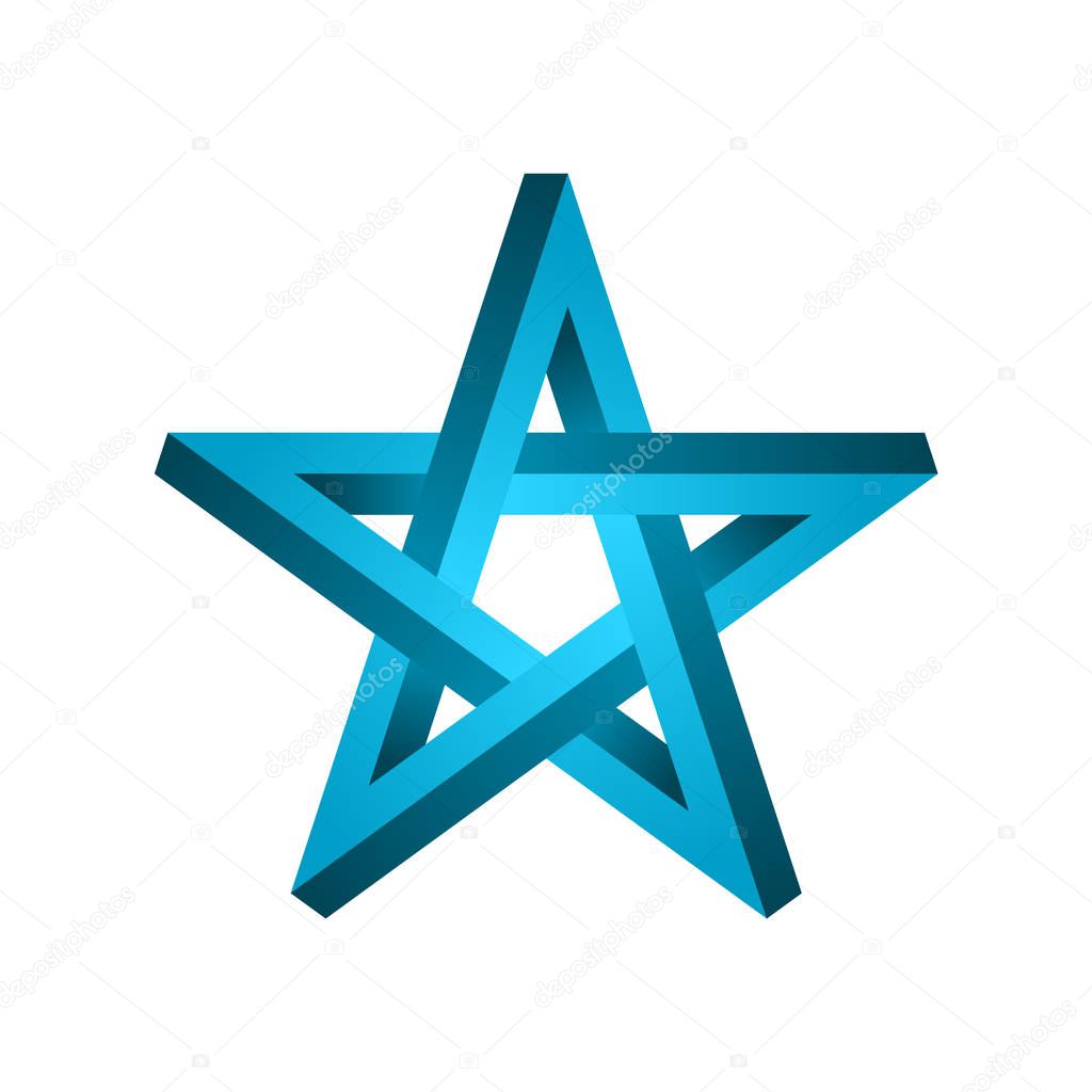 Impossible star shape. Blue gradient pentagram on white background. Five pointed star sign. Abstract symbol. Optical illusion geometric figure. Five end star with weave sides. Vector illustration.