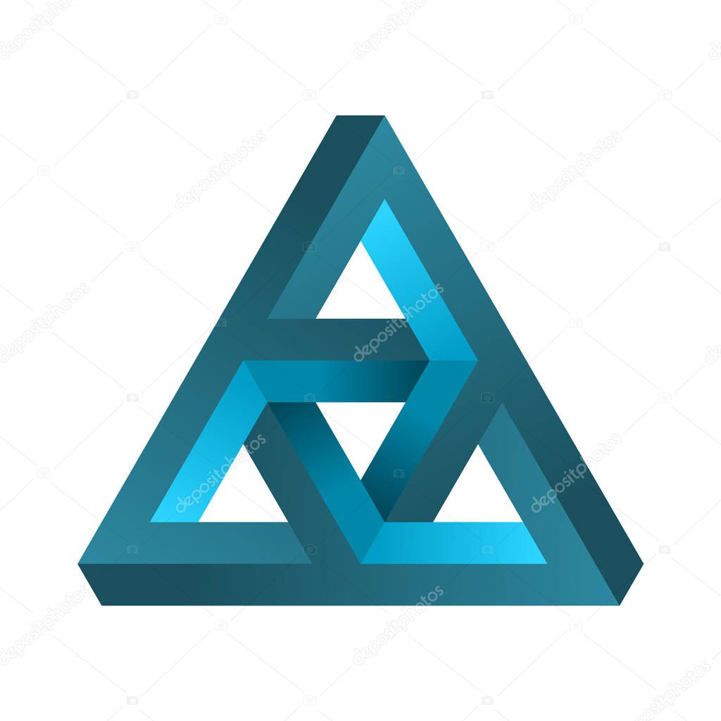  Impossible triangle shape. Blue gradient endless geometric triangular object. Optical illusion paradox. Abstract infinite geometric figure. Complex triangle, white background. Vector illustration.