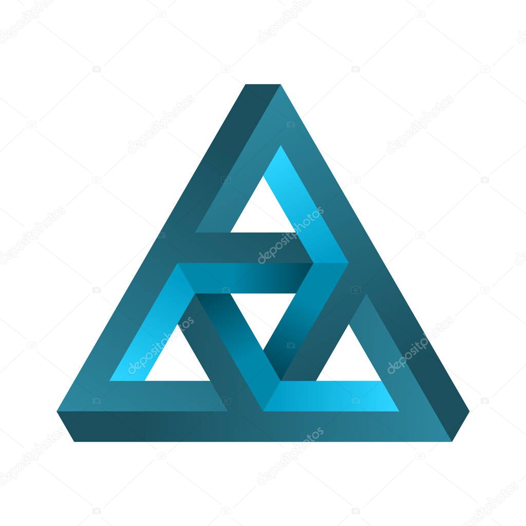 Impossible triangle shape. Blue gradient endless geometric triangular object. Optical illusion paradox. Abstract infinite geometric figure. Complex triangle, white background. Vector illustration.