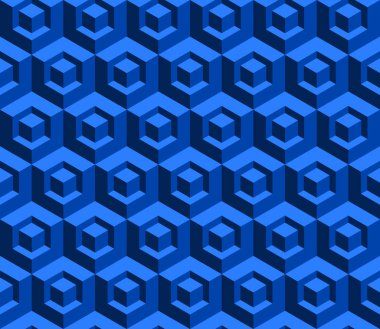 3 boyutlu küp desenli. Mavi geometrik şekiller soyut arkaplan. Teknolojik model arkaplanı. İzometrik duvar kâğıdı. Kusursuz kübik sanat. Küp illüzyonunda küp. Vektör illüstrasyonu, klip sanatı