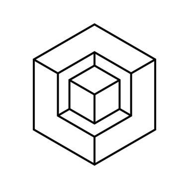 3D izometrik kutu şekli. Büyük bir küpte küçük bir küp. Soyut boyutsal kutu nesnesi. Doğrusal kare geometrik şekil. Altıgen optik illüzyonda küp. Bir oyukta kutu. Görsel numara. Vektör