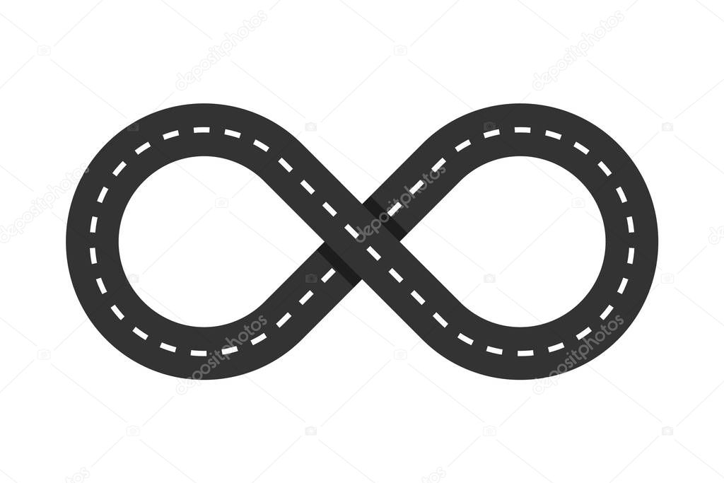 Infinity road loop icon. Infinity symbol. Figure 8 Traffic Loop. Race track sign or logo. Highway intersection or interchange. Eternal shape. Asphalt road. Transportation concept. Vector illustration, clip art.