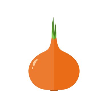 Beyaz arka planda yeşil lahanalı sarı soğan. Tatlı soğan soğanı vektör illüstrasyonu. Taze meyve suyu ikonu. Yemek malzemesi. Sağlıklı organik yiyecekler. Çizgi film düz stil, klip sanatı.