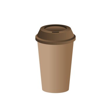 Kahverengi kapaklı kağıt bardak. Beyaz arka planda tek kullanımlık gerçekçi kahve fincanı. Kafe logosu için boş bir model. Marka kimliği için boş plastik bardak. Vektör şablonu illüstrasyonu, klip sanatı.