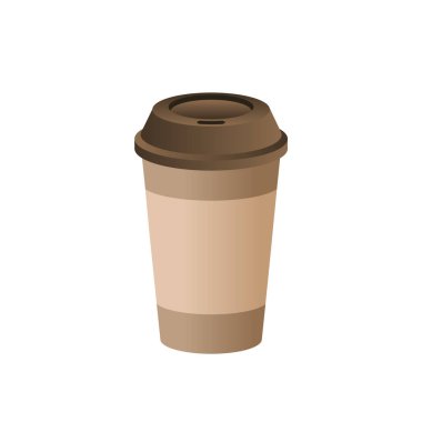 Kahverengi kapaklı ve kollu bir kağıt bardak. Beyaz arka planda tek kullanımlık gerçekçi kahve fincanı. Kafe logosu için boş plastik bardak. Marka kimliği için boş bir model. Vektör şablonu illüstrasyonu