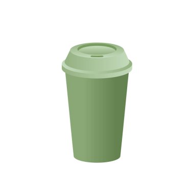 Yeşil kağıt bardak ve kapak modeli. Gerçekçi tek kullanımlık çay ya da beyaz arka planda yeşil kahve fincanı. Logo için boş bir model. Marka kimliği için boş plastik bardak. Vektör şablonu illüstrasyonu, klip sanatı