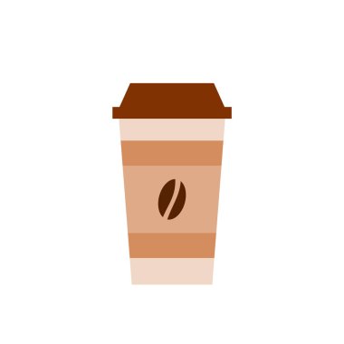 Kahverengi kapaklı ve kahve çekirdeği kollu paket kahve fincanı. Beyaz arka planda tek kullanımlık çizgi film kahve fincanı. Plastik kupa ikonu yapmak için kahve. Vektör illüstrasyonu, düz biçim, klip sanatı.