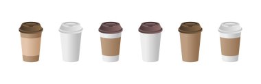 Kağıt kahve fincanı maketleri hazır. Plastik bardak koleksiyonu için boş kahve. Beyaz arka planda gerçekçi tek kullanımlık kahve fincanı kalıpları. Marka kimliği veya kafe logosu için boş model. Vektör illüstrasyonu, şablon