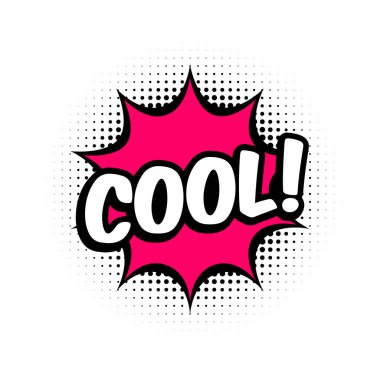 Kırmızı konuşma balonunda havalı komik bir mesaj. Yarım ton arkaplanlı bir balon. Beyaz arkaplan, çizgi film metni. Pankart, web, poster için güzel etiket. Vektör illüstrasyonu, düz biçim, klip sanatı.