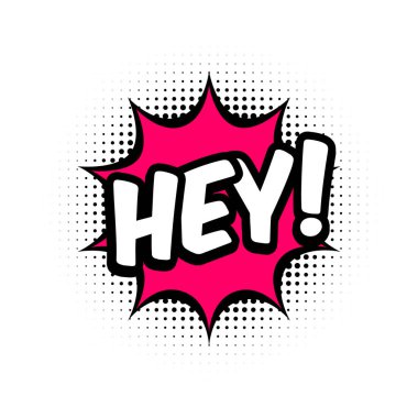 Kırmızı konuşma balonunda komik bir mesaj. Yarım ton arkaplanlı bir balon. Beyaz arkaplan, çizgi film metni. Hey afiş, ağ, poster için etiket. Vektör illüstrasyonu, düz biçim, klip sanatı.