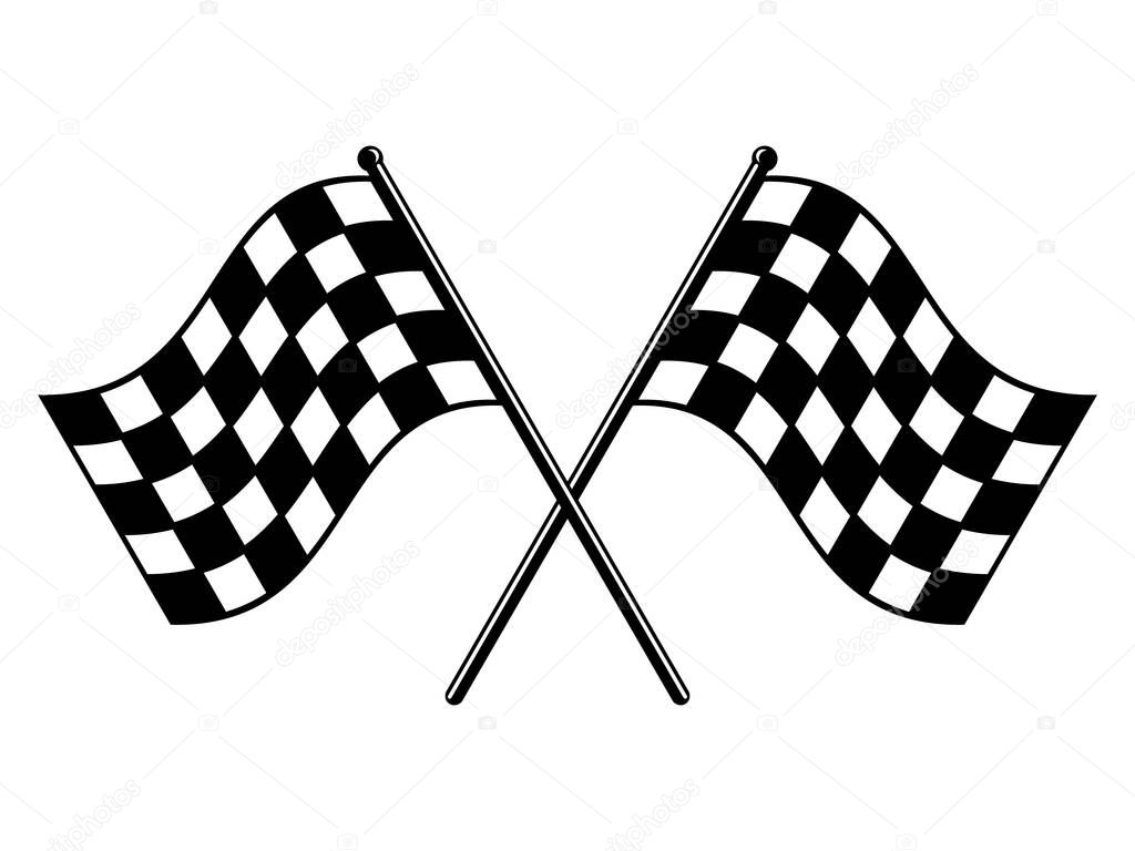 Checkered flags. Black and white race flag. Finish or start rippled crossed flag icon. Motorsport or auto racing symbol on white background. Final lap race. Vector illustration, flat style, clip art.