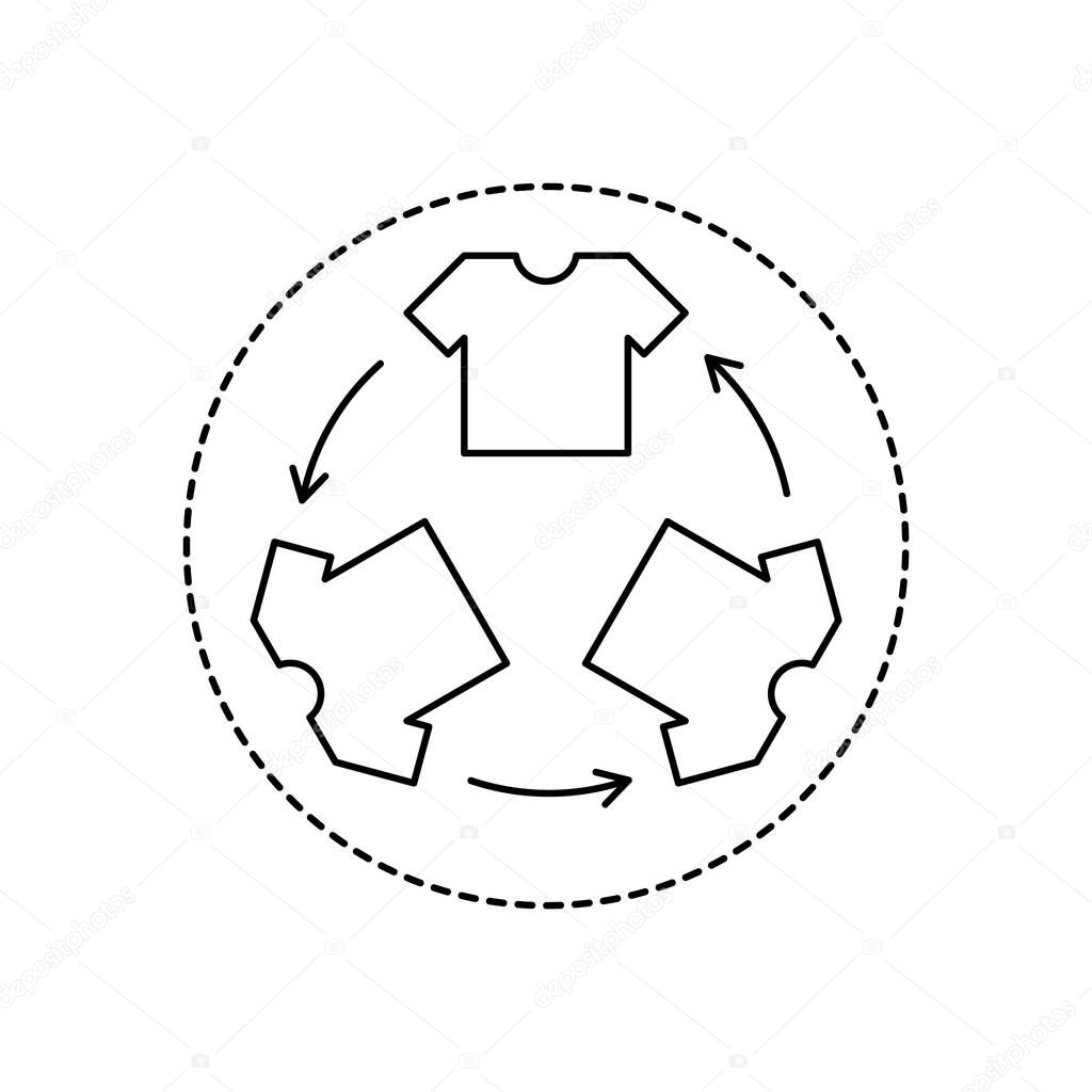 Clothing recycle sign in a circle. T shirt outline with recycle arrows. Recycling clothes line icon. Ethical consumerism and eco friendly manufacture. Laundry concept.Vector illustration,flat,clip art