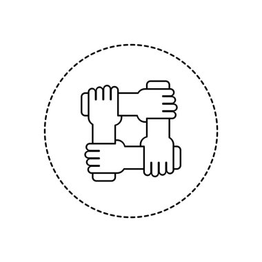 Çemberdeki takım çalışması simgesi. Dört el bir arada. İş başarısı. Eşitlik, birlik, toplum konsepti. Ortaklık ve adil ticaret tabelaları. Vektör illüstrasyonu, düz biçim, klip sanatı