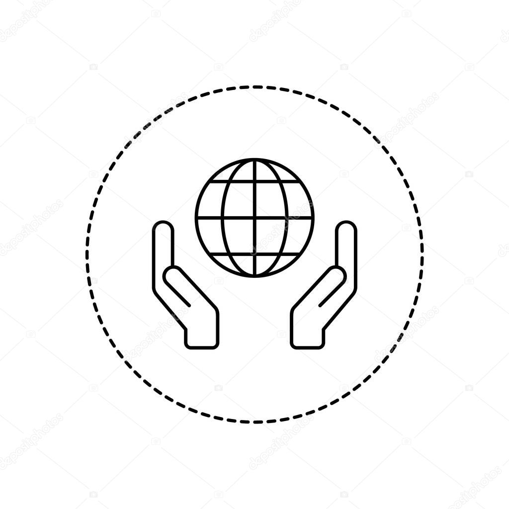 Two hands holding globe line icon in a circle. Fair trade business idea. Environmental protection. Save the earth symbol. Eco friendly concept. Sustainability. Vector illustration, flat style, clip art