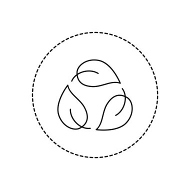 Biyolojik ayrıştırılabilir doğrusal logo. Bir çemberde üç yaprak. Sürdürülebilir materyal işareti. Geri dönüşümlü ve doğal ürün. Etik üretim. Çevre dostu endüstri. Vektör illüstrasyonu, düz biçim, klip sanatı