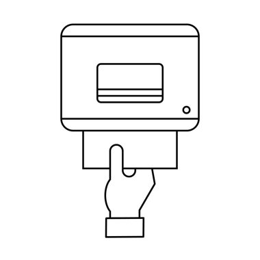 Havlu dağıtım hattı simgesi. Banyoda el havlusu çekiyordum. Duvarında sensör olan otomatik dokunuşsuz dağıtıcı. Tuvalet malzemeleri. Güvenli bir şekilde kurutuyorum. Vektör illüstrasyonu, düz, klip sanatı