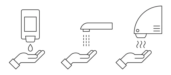 Handwas Procedure Dunne Lijn Pictogram Automatische Touchless Toiletartikelen Met Sensoren — Stockvector