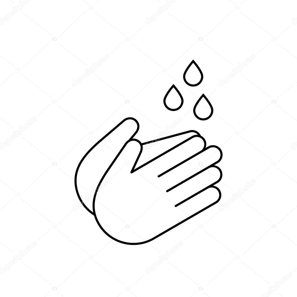 Washing hands thin line icon. Wash your hands sign. Human palms and drops of water outline. Personal hygiene. Disinfection. Infectious disease prevention. Vector illustration, flat style, clip art.