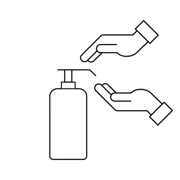 Hands using sanitizer bottle pump. Hand disinfection sign or symbol. Washing hands concept. Liquid soap. Black line icon on white background. Antiseptic product. Vector illustration, flat, clip art