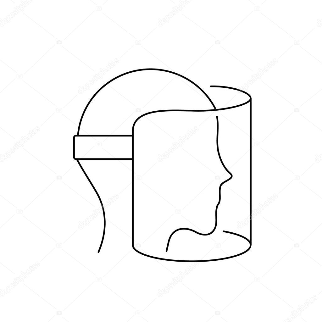 Face shield line icon. Full face cover visor outline. Medical protective shield mask with head. Covid 19 personal protection. Black sign on white background. Vector illustration, flat style, clip art.