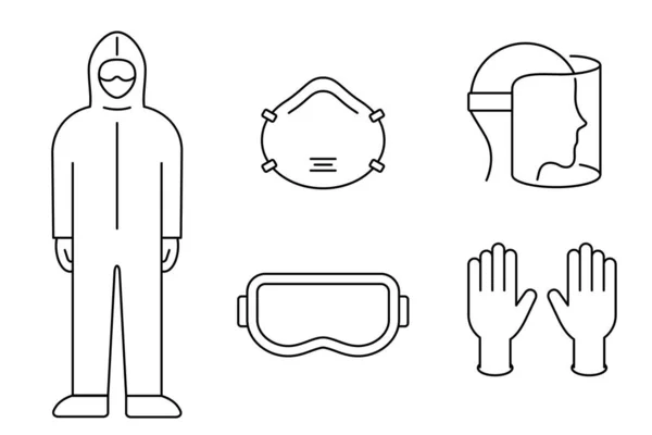 Conjunto Ícones Linha Equipamentos Prevenção Vírus Corona Fato Proteção Máscara —  Vetores de Stock